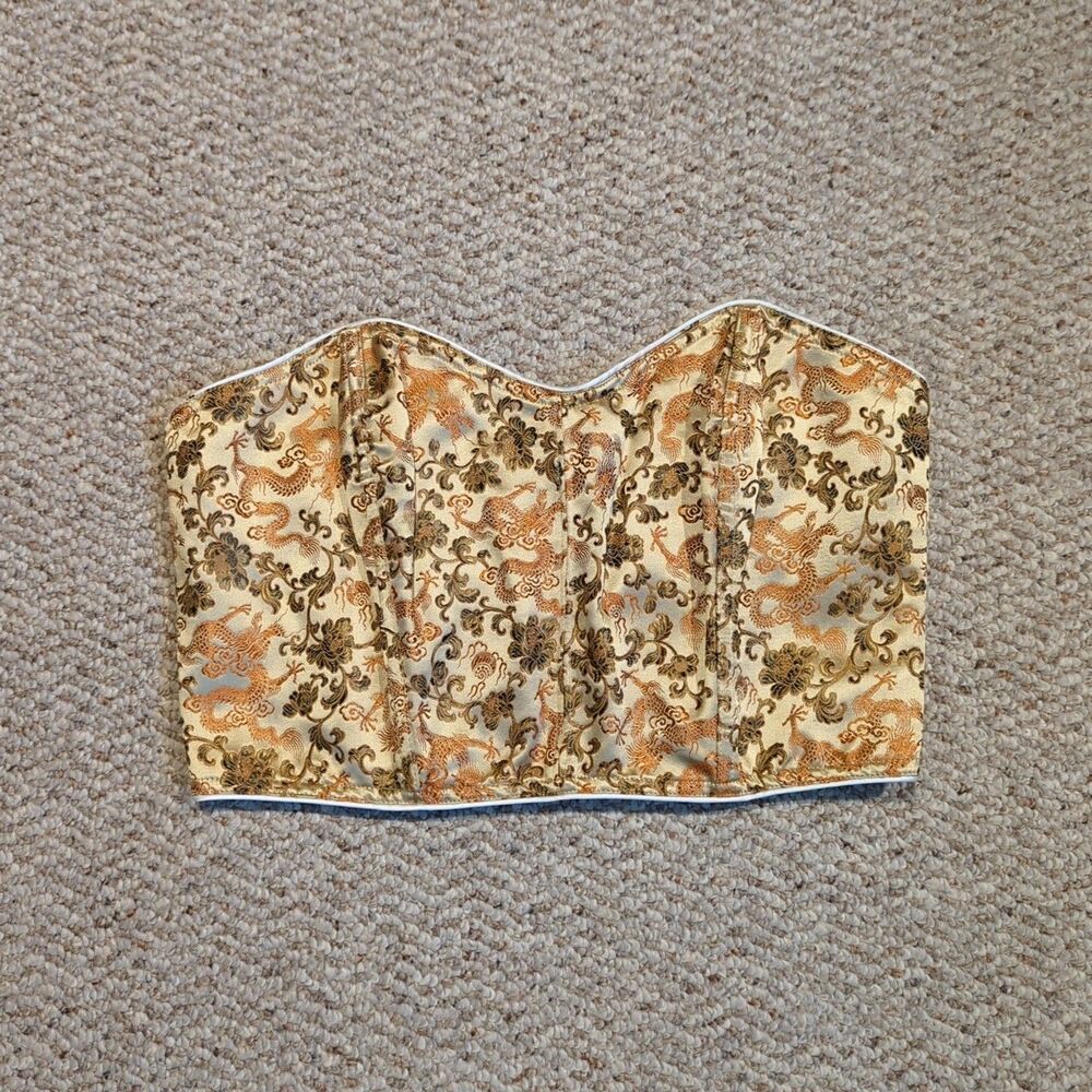 Y2K Vtg Victorias Secret Large Gold Silk Dragon Floral Corset Top Lace Up Satin